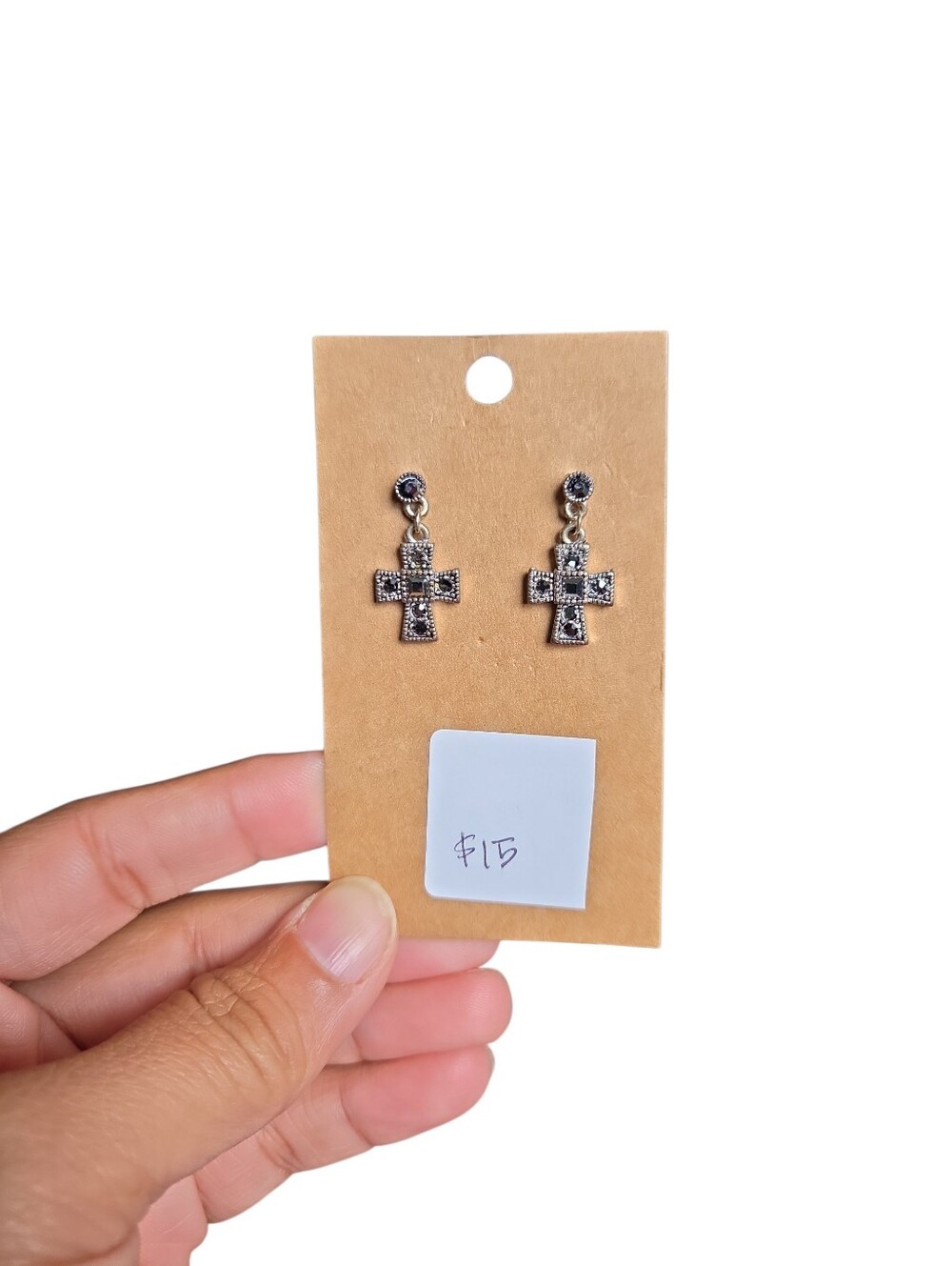 Silver Toned Gray Cross Dangle Earrings 1"